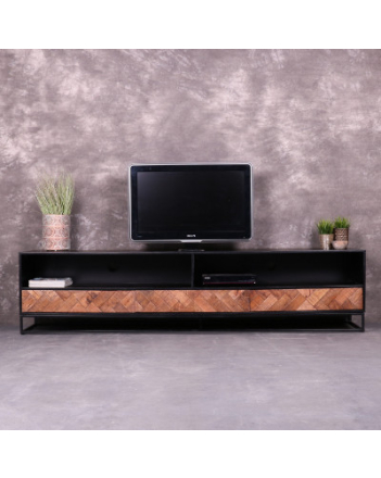 Tv meubel visgraat 220 cm breed met drie laden en open vakken.