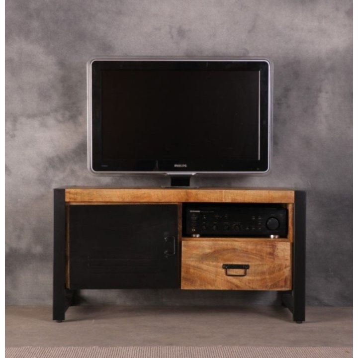 Klein tv meubel 106 cm mangohout gecombineerd met zwart staal en een zwart deurtje.