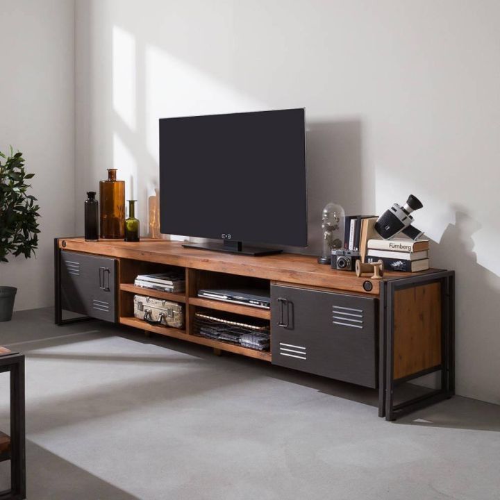 Eigenaardig cultuur replica Tv meubel industrieel 220*45*50 | Bruin hout en grijs metaal