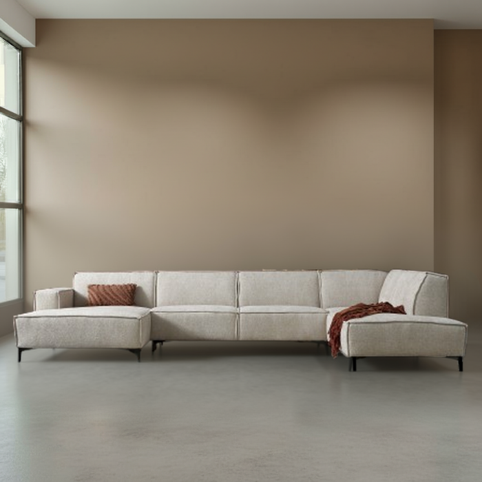 Hoekbank River in de kleur beige met ottoman en chaise longue. 