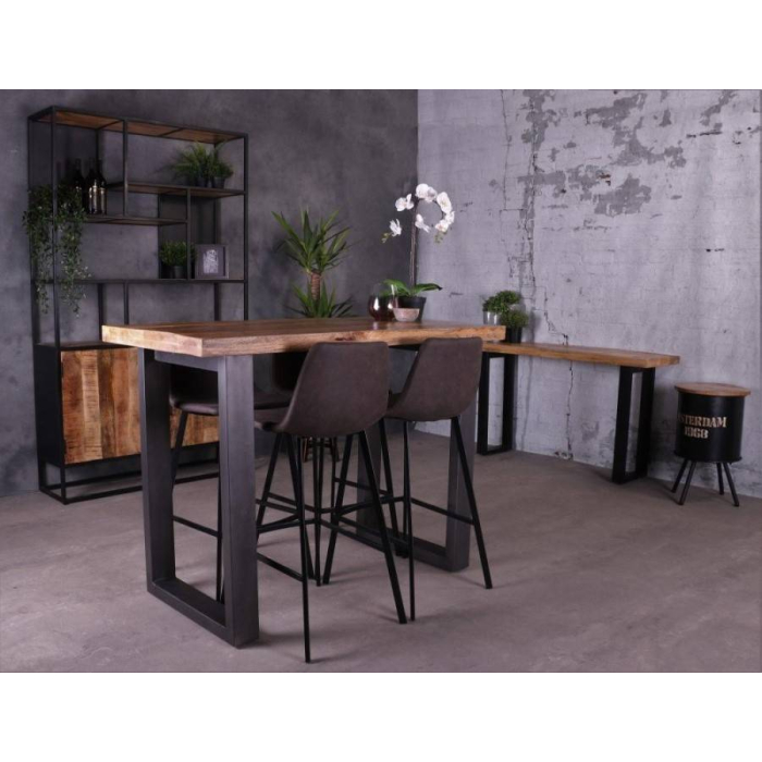 Bartafel 140 cm. Deze bartafel is gemaakt van een robuust mangohouten bovenblad met stalen poten eronder.