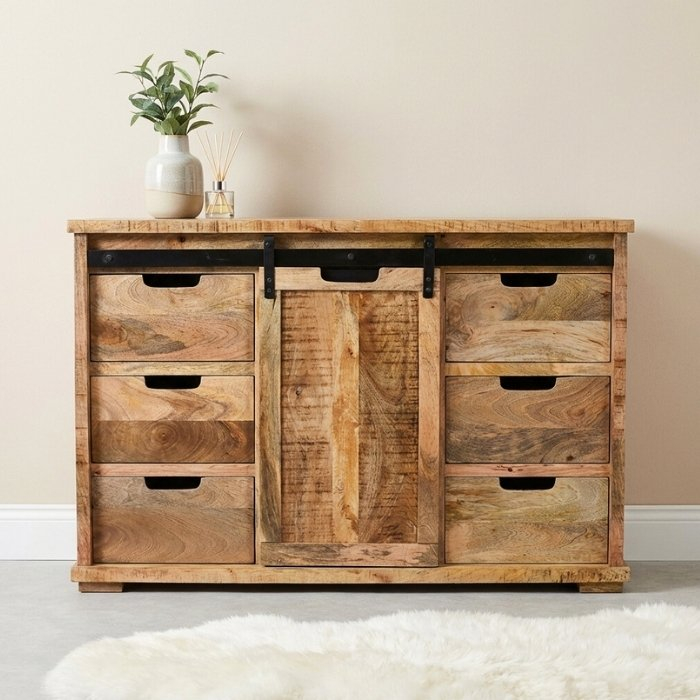 Mangohout dressoir met schuifdeur en lades 130 cm.