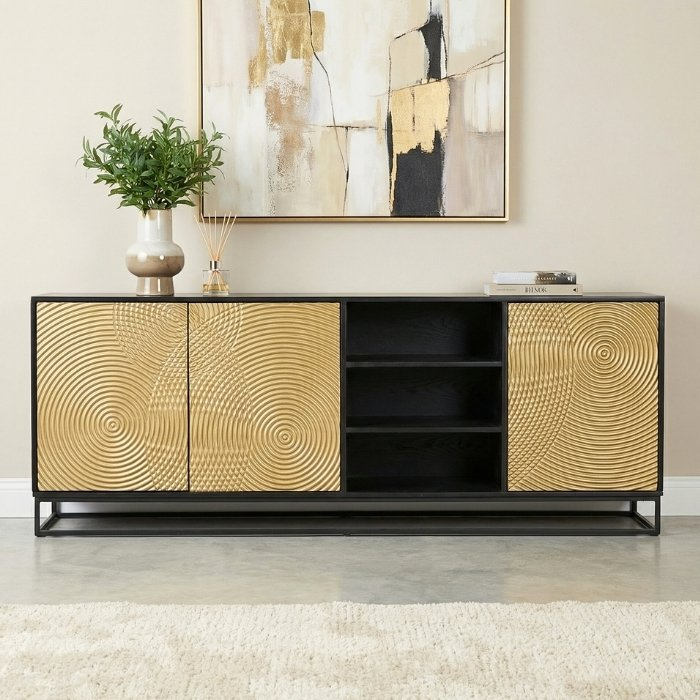 Zwart dressoir met gouden deuren 200 cm.
