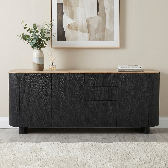 Zwart dressoir met eiken bovenblad 210 cm