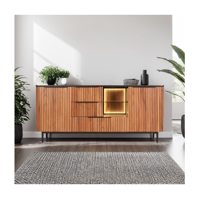 Acaciahouten dressoir met ronde hoeken.