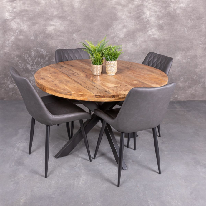 Eettafel mangohout 120cm rond met 4 grijze stoelen