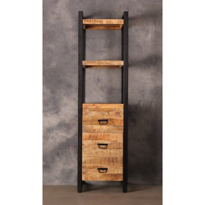 Industriële boekenkast Britt van mangohout met lades. 55cm breed.