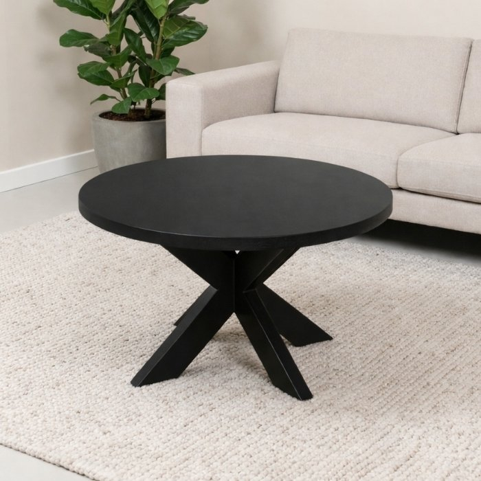 Salontafel mangohout zwart met rond blad.