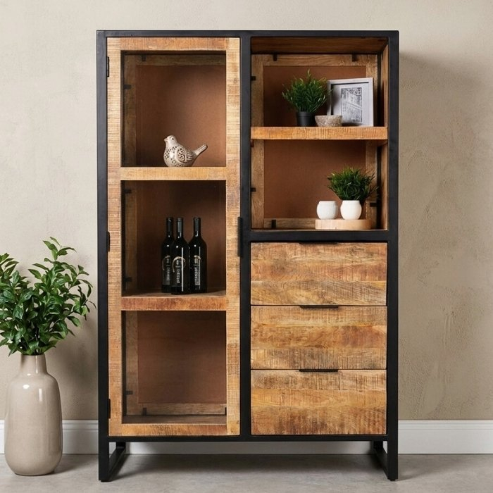 Vitrinekast mangohout met zwart staal