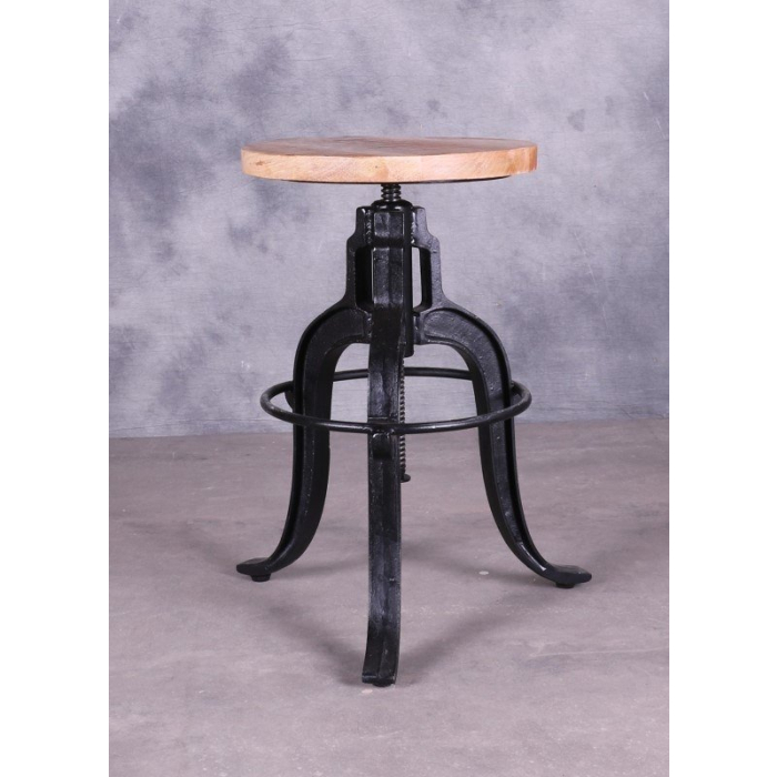 Industrieel krukje, verstelbaar. Mangohout met gietijzer.