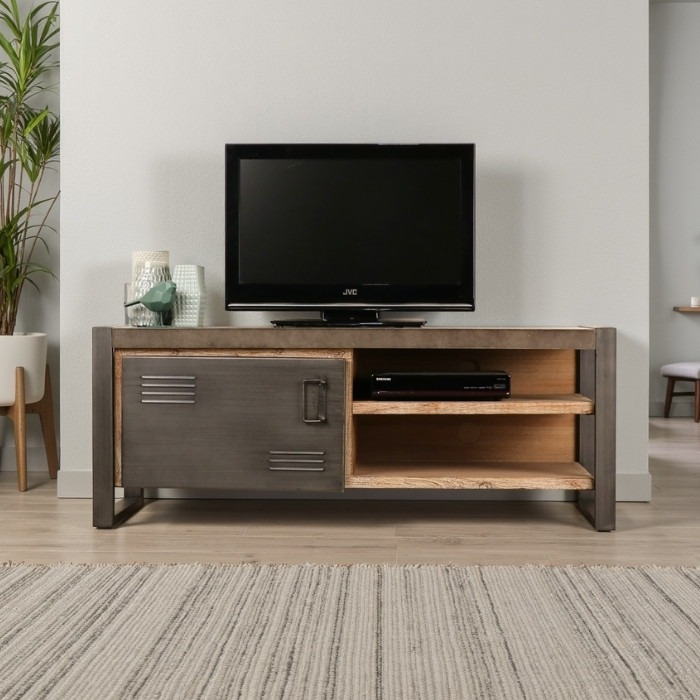 Tv kast industrieel klein grijs metaal met acaciahout.