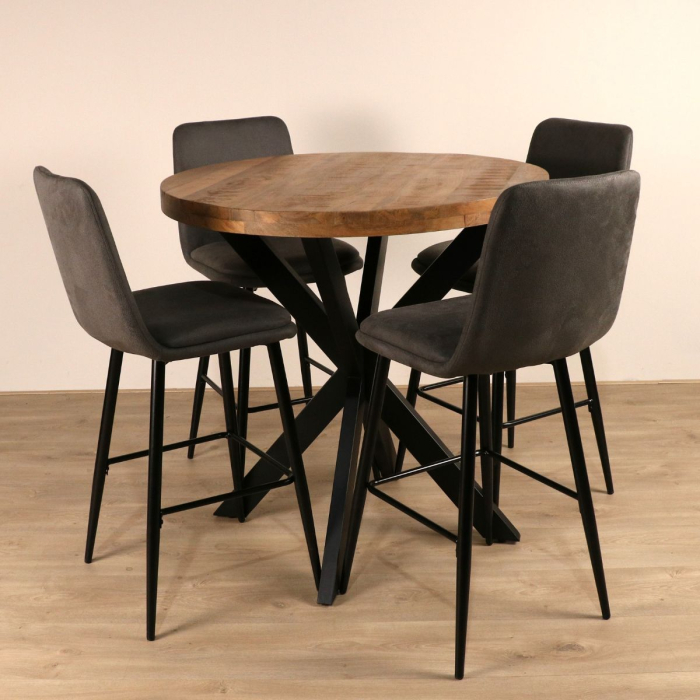 Kleine bartafel van mangohout. 100cm rond met barkrukken.