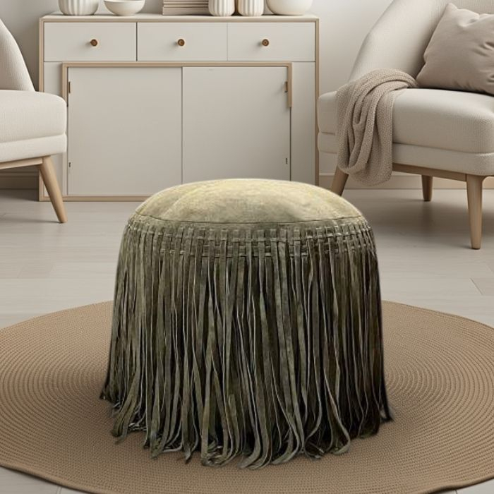 Poef leer met franjes groen