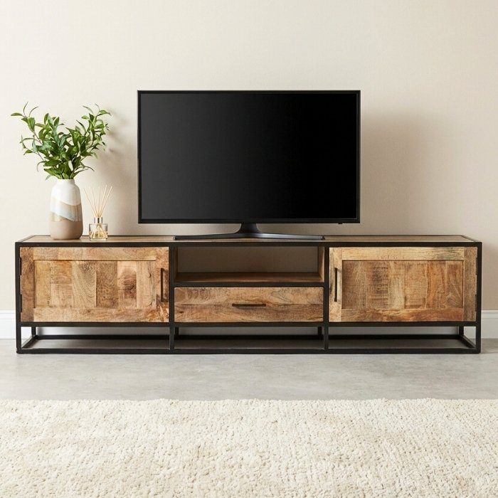 Tv kast mangohout naturel met metalen frame 210 cm