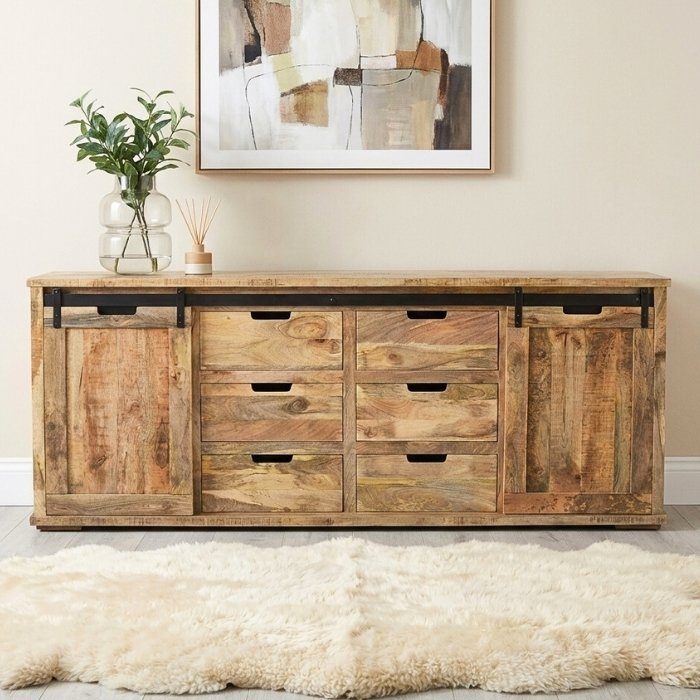 Mangohouten dressoir met 6 lades en schuifdeuren