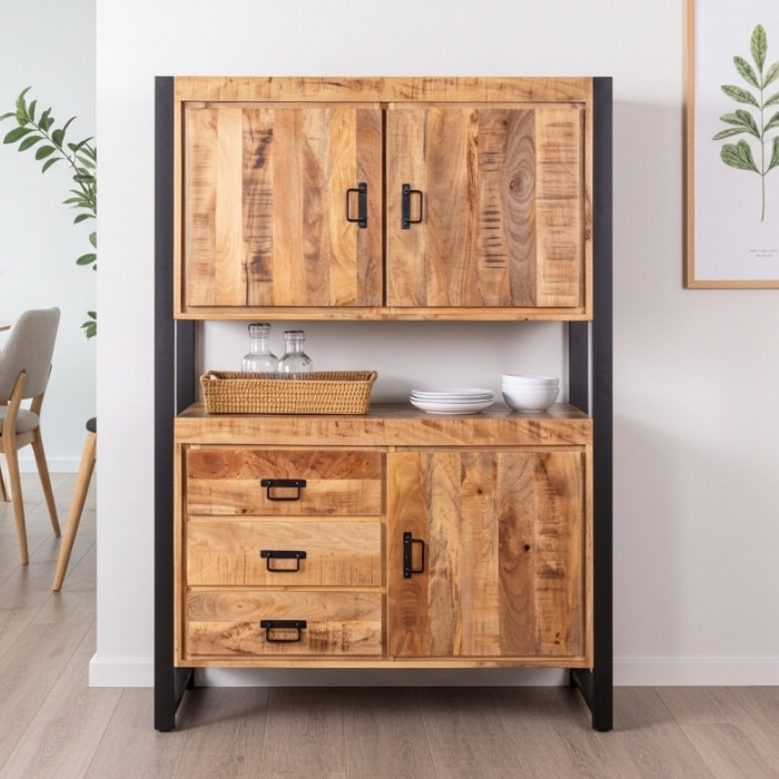 Kast mangohout industrieel. Kast met drie mangohouten deurtjes en drie lades met in het midden een open vak.