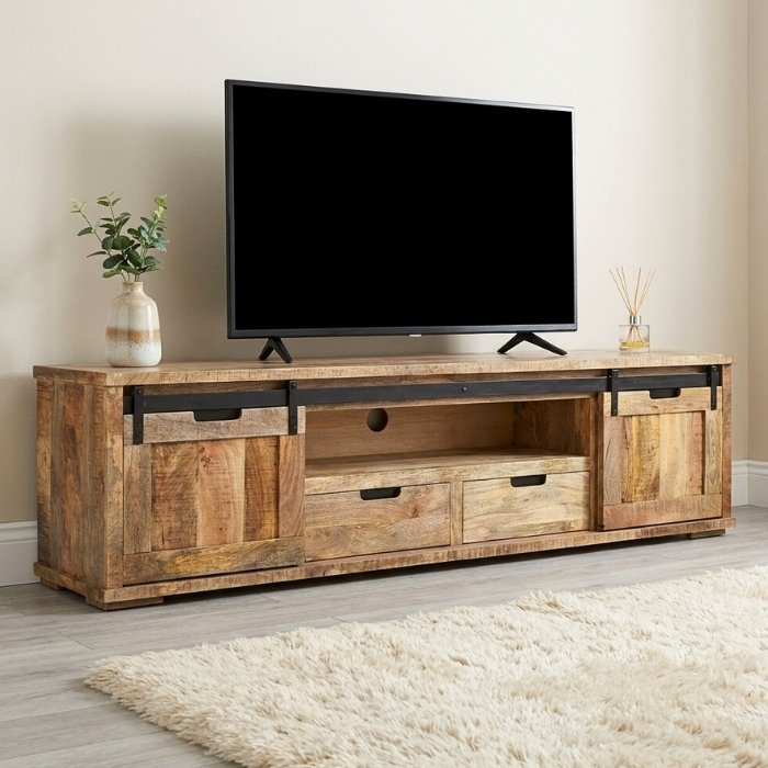 Tv meubel mangohout 210 cm met schuifdeuren
