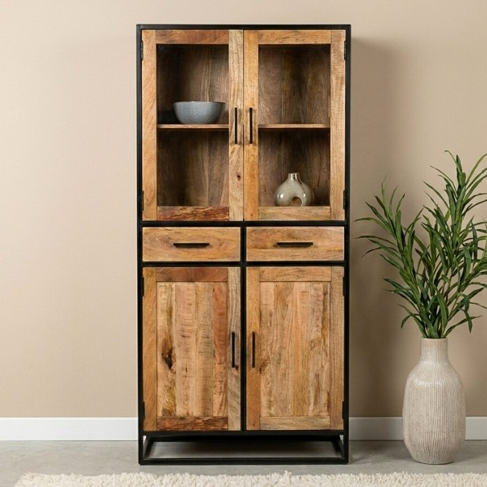 Mangohouten vitrinekast 185 cm hoog