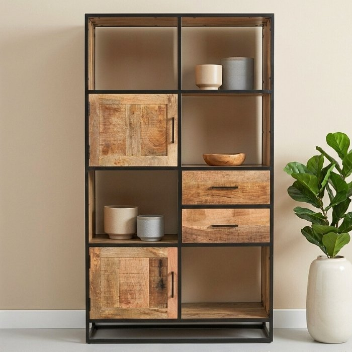 Mangohouten kast met open vakken en lades