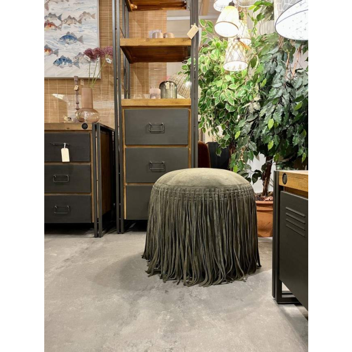 Bohemian leren poef 50 cm rond, groen