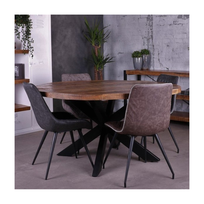 Ronde eettafel mangohout. Deze ronde eettafel heeft een x-poot onderstel. Het bovenblad is gemaakt van mangohout. Aan de tafel kunnen 6 personen zitten.