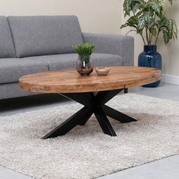 Salontafel ovaal mangohout met spinpoot.