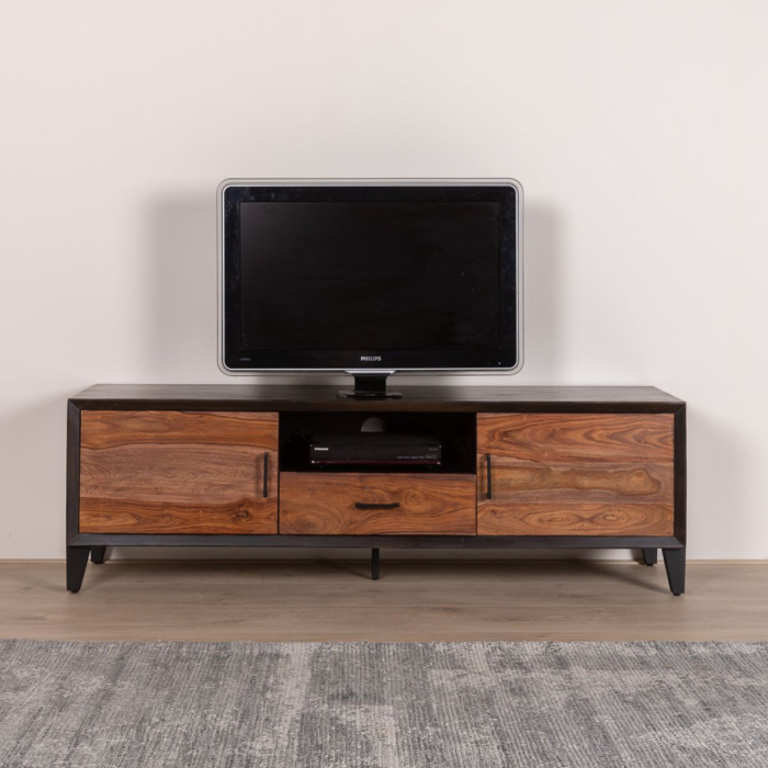 Tv meubel met donker hout. 2 deuren, open vak en een lade. 160cm breed.