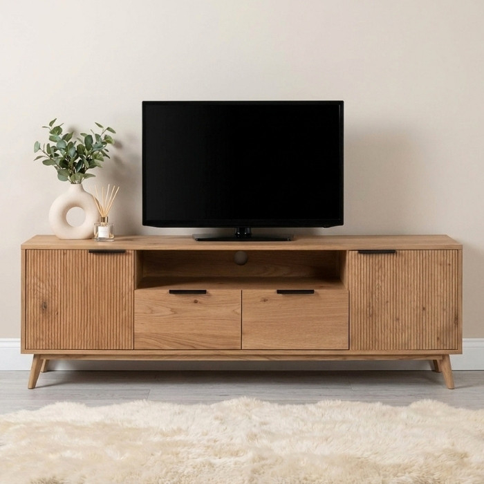 Eiken tv meubel met twee deuren, twee lades en een open vak