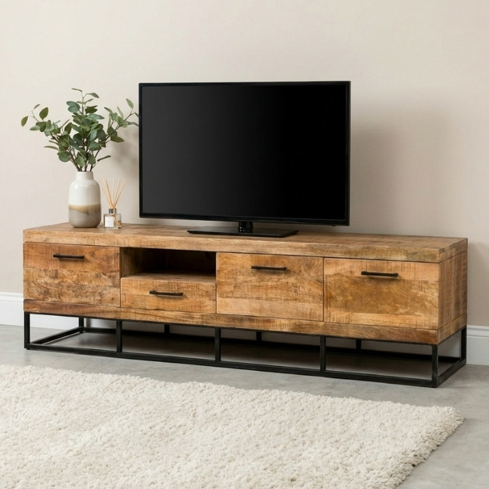 Tv meubel met vier lades van mangohout en zwart staal