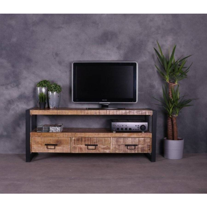Tv meubel Britt van mangohout met drie lades en een open vak. Met stalen zwarte frame. 150 cm breed.
