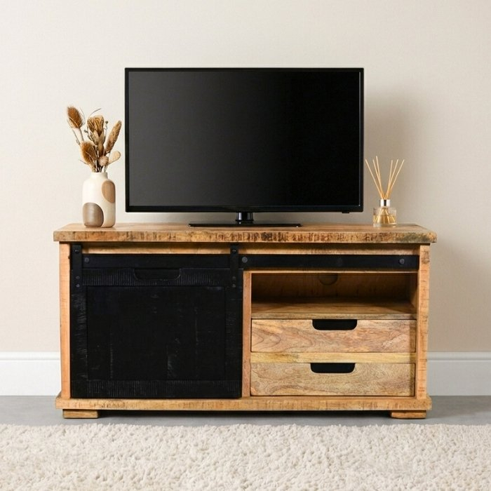 Mangohouten tv meubel met schuifdeur 110 cm.
