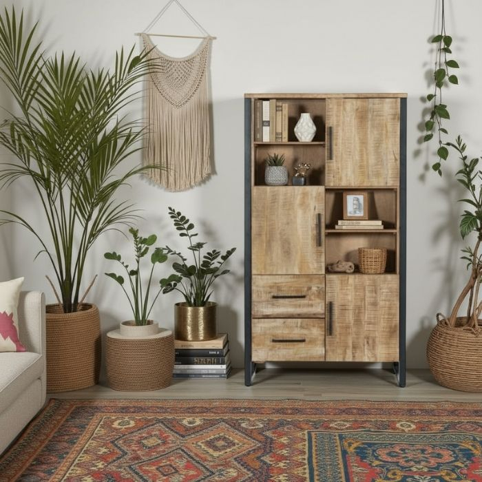 Sfeerafbeelding van wandkast mangohout 100 cm breed.