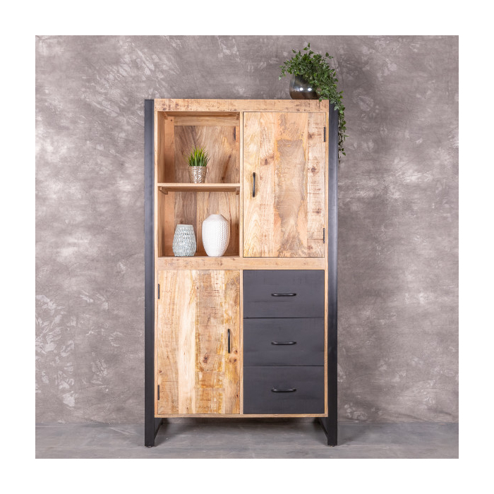 Industriële wandkast van mangohout met zwarte laden