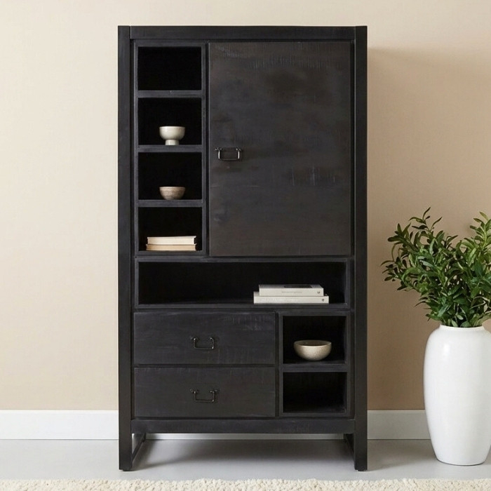Zwarte hoge kast mangohout met staal