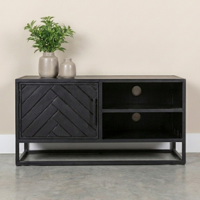 Zwart tv meubel met visgraat deur.