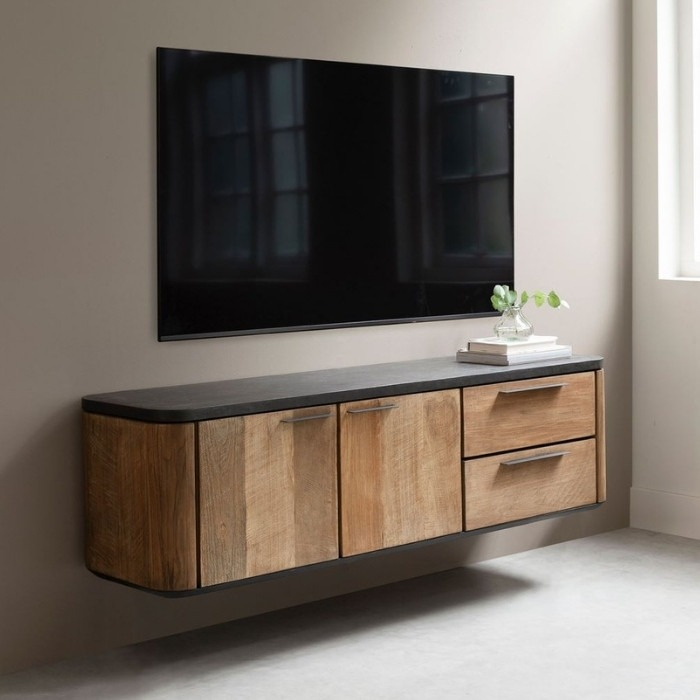 Zwevend tv meubel teakhout 150 cm.