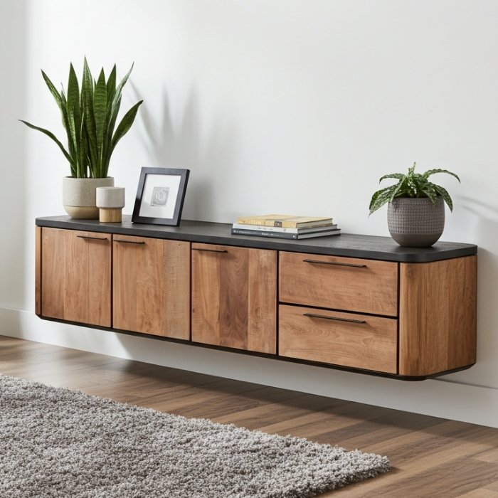 Tv meubel zwevend teakhout 190 cm breed.