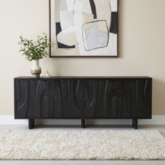 Dressoir zwart hout 200 cm met schilderij en vaas in de woonkamer