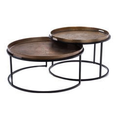 Salontafel Julie set van 2 rond aluminium in koperkleur met zwart ijzeren onderstel
