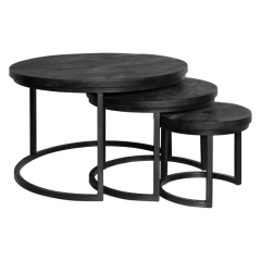 Salontafel Triole set van 3 rond mangohout zwart vooraanzicht