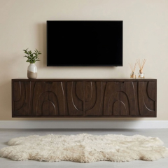 Zwevend tv-meubel walnoot 180 cm aan de muur onder een televisie