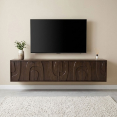 Zwevend tv-meubel walnoot 210 cm aan de muur onder een televisie