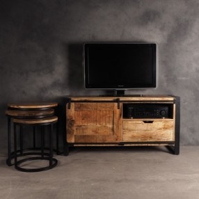 Industrieel tv meubel mangohout 120 cm met schuifdeur