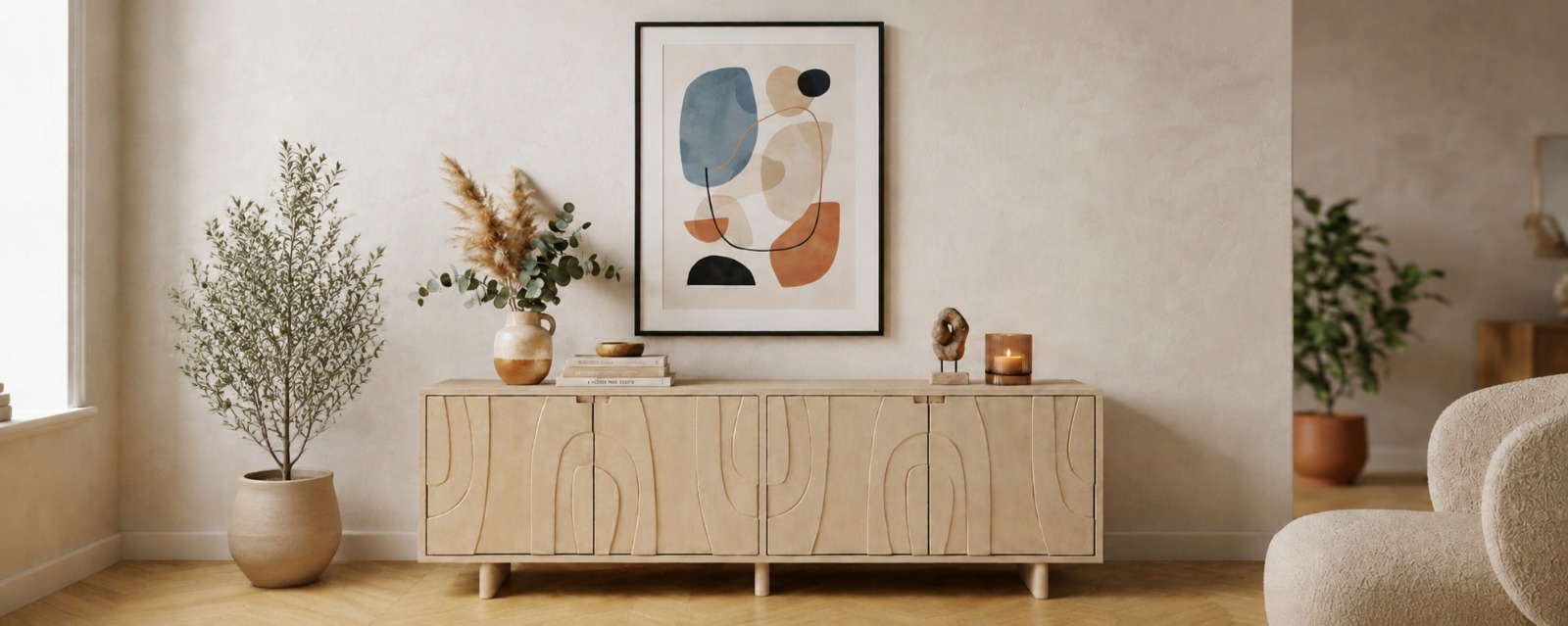 Egale muur met een schilderij boven een dressoir