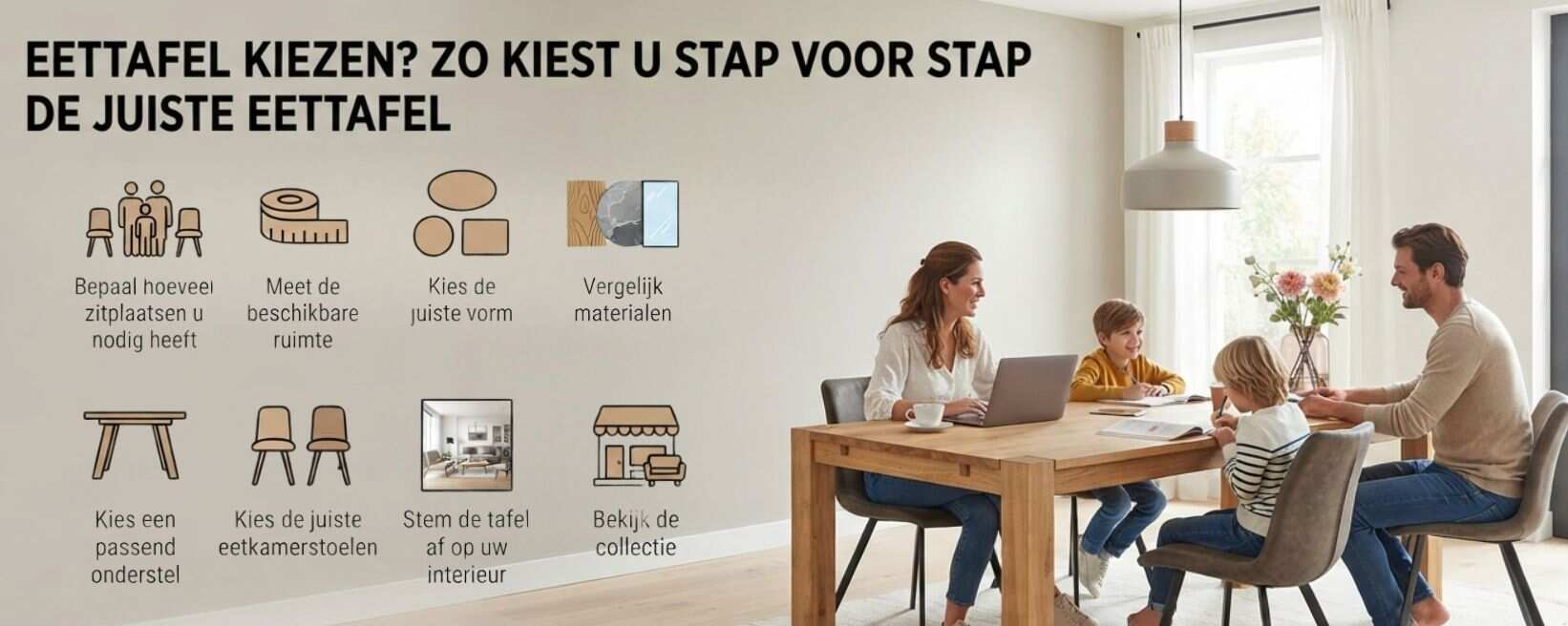 Infographic met de 8 stappen om de juiste eettafel te kiezen