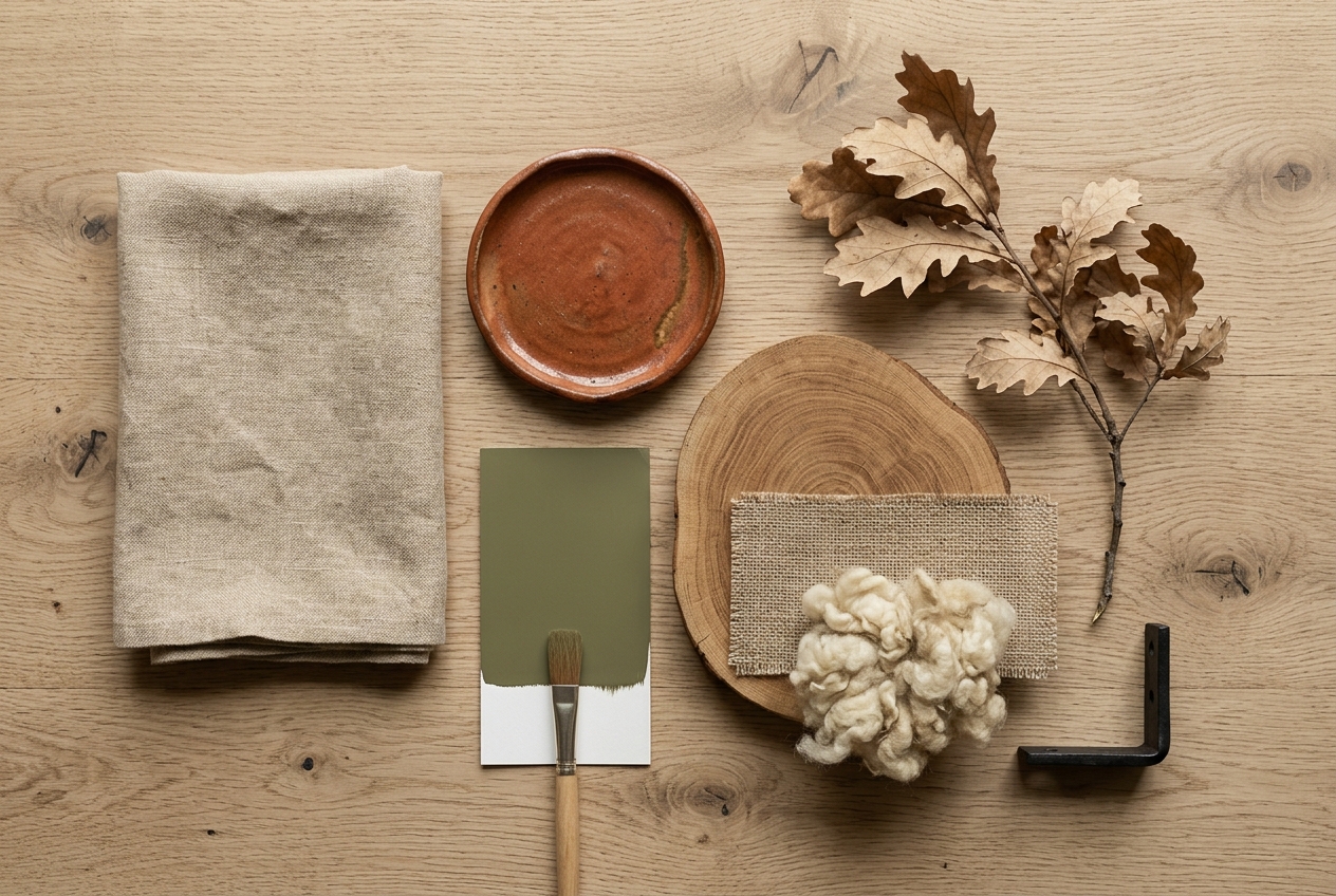 Flatlay met aardetinten, hout en natuurlijke materialen