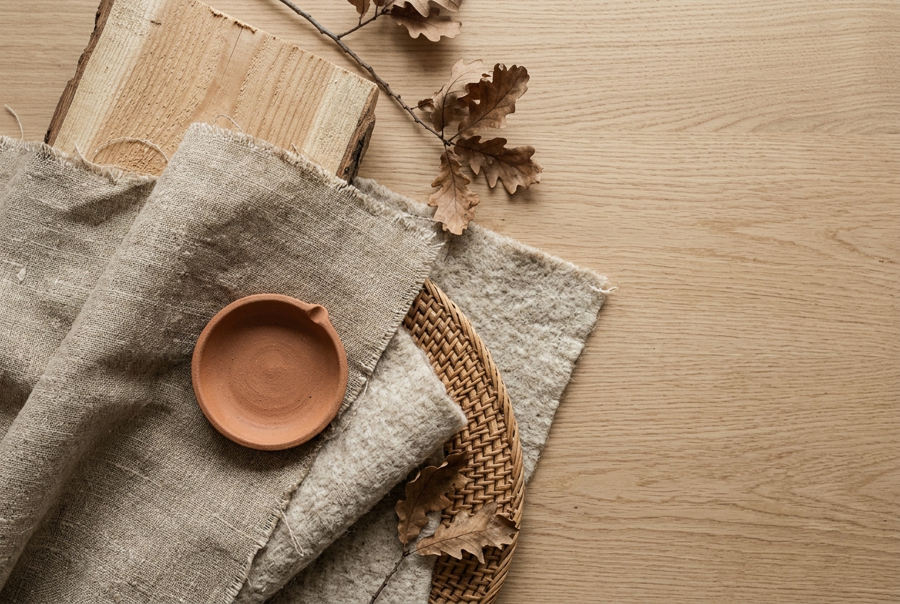 Flatlay met hout, linnen, wol en natuurlijke materialen