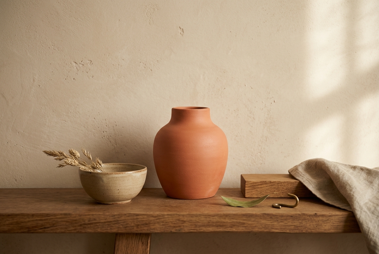 Moodboard met warme zandtinten en natuurlijke materialen